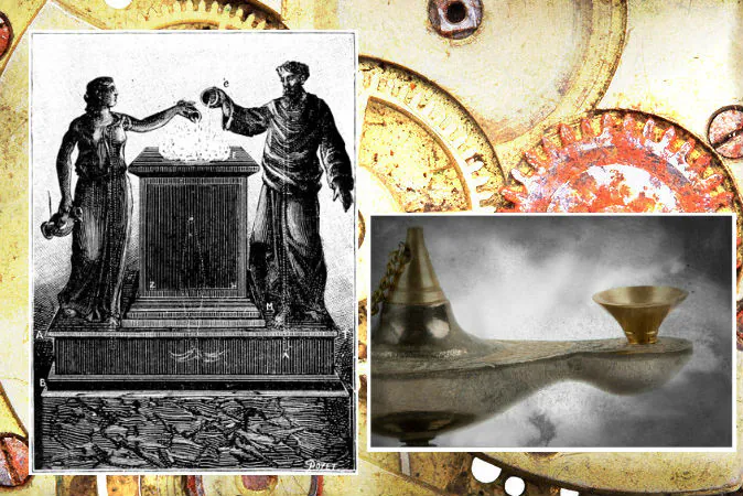 Left: Marvelous altar, pictured in the book "Magic, Stage Illusions and Scientific Diversions Including Trick Photography. Right: A file image of an ancient lamp. (Shutterstock; edited by Epoch Times) Background: Gears in a machine. (Shutterstock*)
