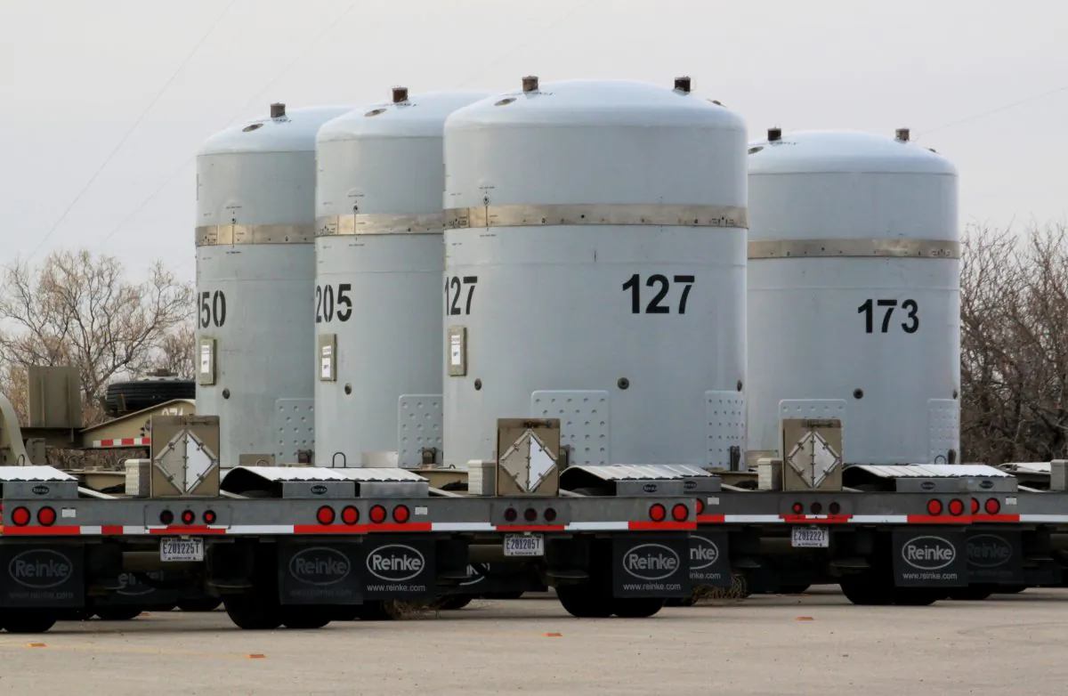 Empty nuclear waste shipping containers sit in front of the Waste Isolation Pilot Plant near Carlsbad, N.M., on March 6, 2014. (AP Photo/Susan Montoya Bryan)