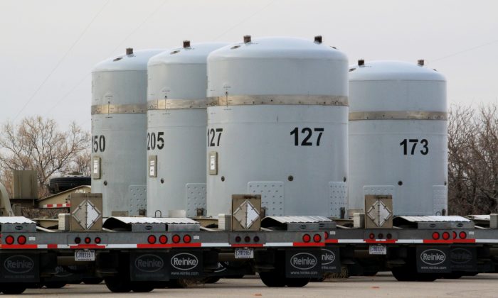On March 6, 2014, an empty nuclear waste transport container is placed in front of a waste sequestration pilot plant near Carlsbad, New Mexico.  Saturday, December 6, 2014, New Mexico (AP Photo / Susan Montoya Bryan)