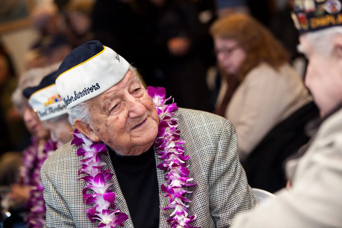 Armando “Chick” Galella, survivor of the attack on Pearl Harbor, attends a 73rd anniversary ceremony at the Intrepid Sea, Air & Space Museum in Manhattan on Sunday. (Petr Svab/Epoch Times)
