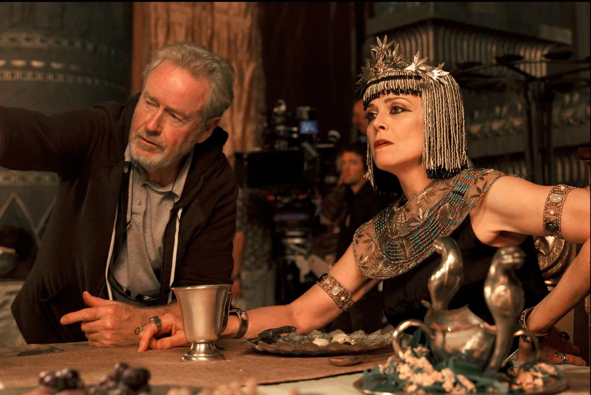 Director Ridley Scott and actress Sigourney Weaver on the set of “Exodus: Gods and Kings.” “Exodus” stars Christian Bale as Moses, Joel Edgerton as pharaoh-to-be Ramses, John Turturro as the Egyptian leader and Weaver as his queen. (AP Photo/Twentieth Century Fox, Kerry Brown)