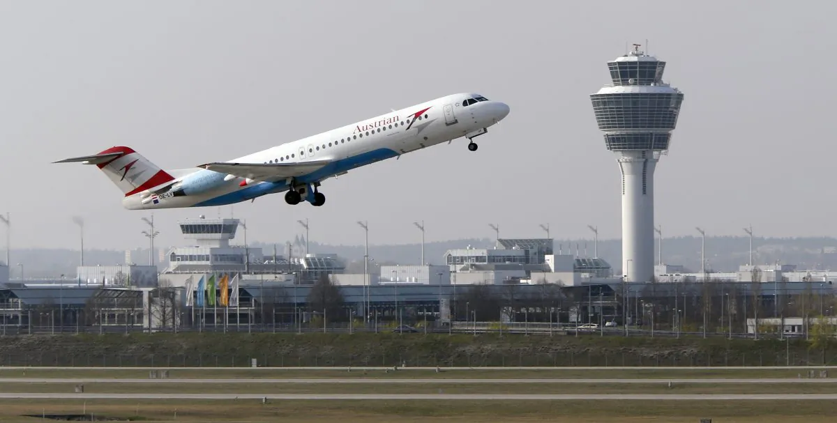 A Austrian Airlines airplane takes off from the airport in Munich, southern Germany, on April 1, 2014. (AP Photo/Matthias Schrader)