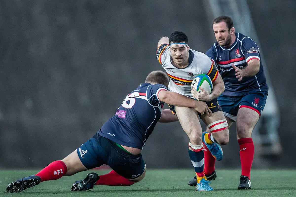 HKCC flanker Matt Lamming returned to action for the first time in two weeks for their match against HK Scottish at Shek Kip Mei on Saturday Dec. 6, 2014. (HKRFU)