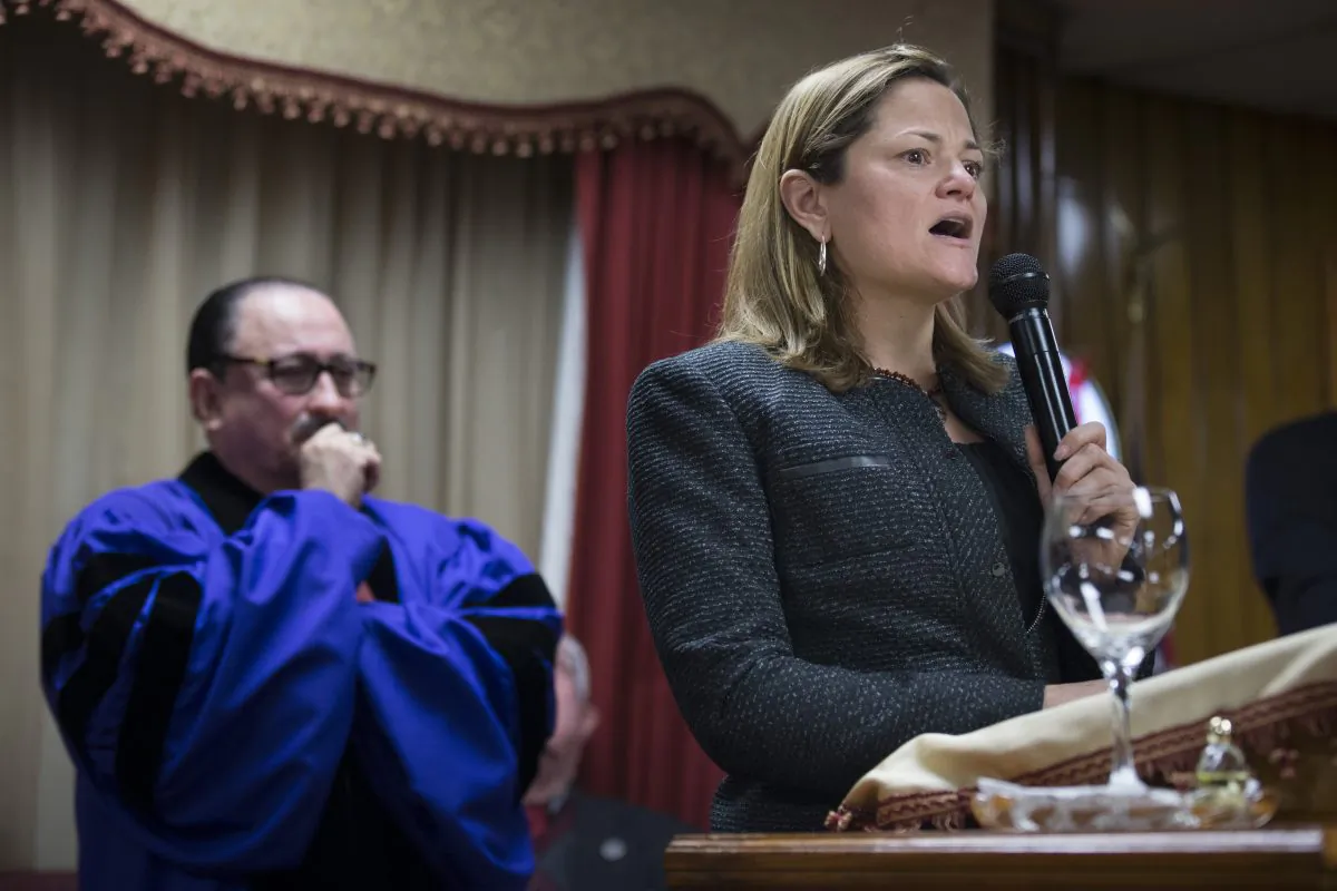New York City Council Speaker Melissa Mark-Viverito at the Church of God of Third Avenue in the East Harlem neighborhood of New York on March 16, 2014. Viverito will ask the city's new police watchdog to investigate how police track abuse complaints against officers. (AP Photo/John Minchillo)