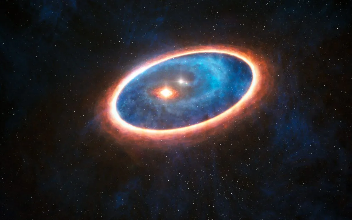 This artist’s impression shows the dust and gas around the double star system GG Tauri-A. Researchers using ALMA have detected gas in the region between two discs in this binary system. This may allow planets to form in the gravitationally perturbed environment of the binary. Half of Sun-like stars are born in binary systems, meaning that these findings will have major consequences for the hunt for exoplanets.(ESO/L. Calçada)
