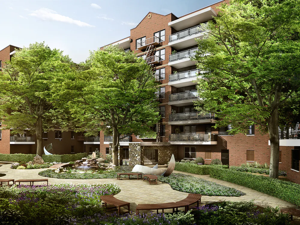 A rendering of the exterior of The Continental Park in Elmhurst, Queens. Developers are working with the co-op to add a private pond, a footbridge, a landscaped garden, and several seating areas at the building entrance. (The Continental Park) 
