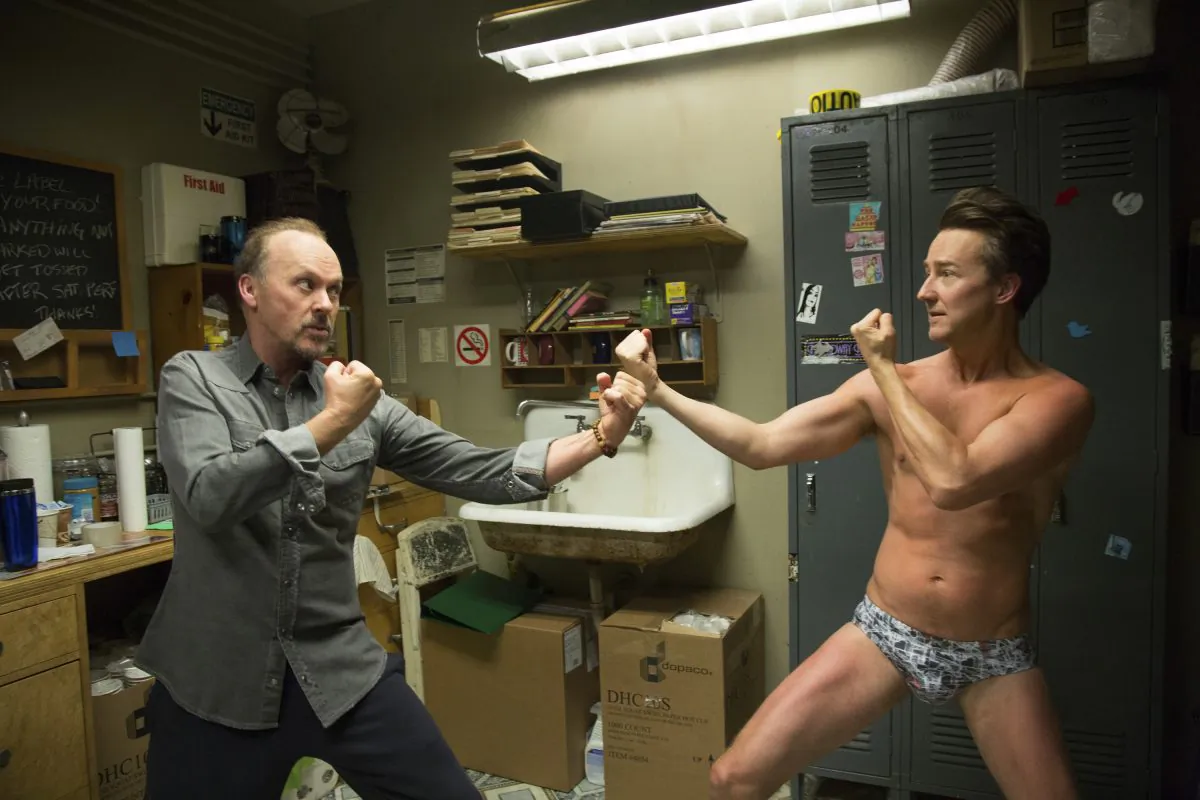 This image released by Fox Searchlight Pictures shows Michael Keaton, left, and Edward Norton in a scene from "Birdman," which won the Academy Award for Best Picture on Sunday. (AP Photo/Fox Searchlight Pictures)