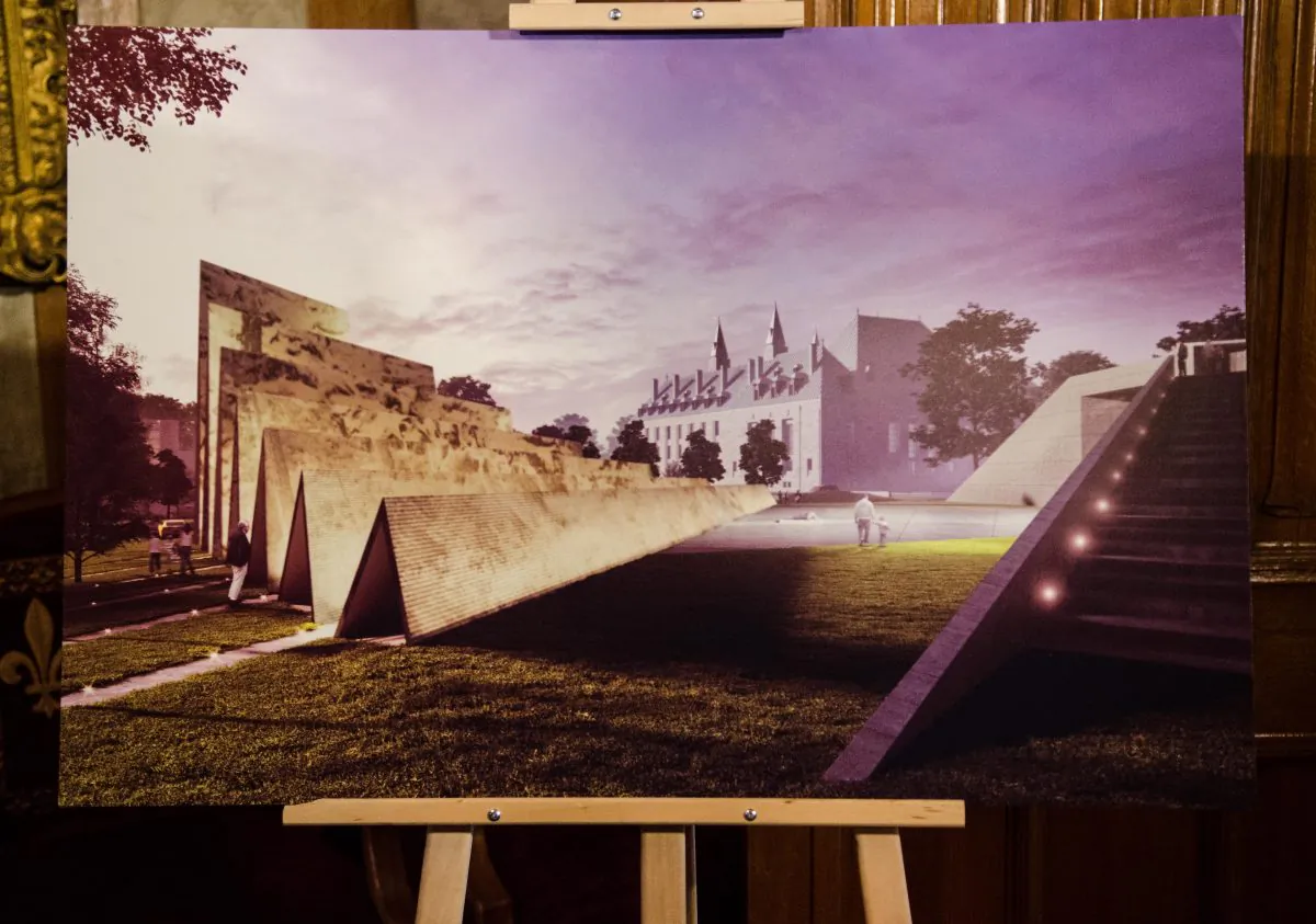 The draft design of the National Memorial to Victims of Communism depicts several “folds” with over 100 million pixel-like “memory squares”—each representing an individual victim—covering the exterior face of the folds. The concept is based on an idea that the memory squares will create a kind of mosaic image when viewed from the platform to the right of the picture. (Matthew Little/Epoch Times)