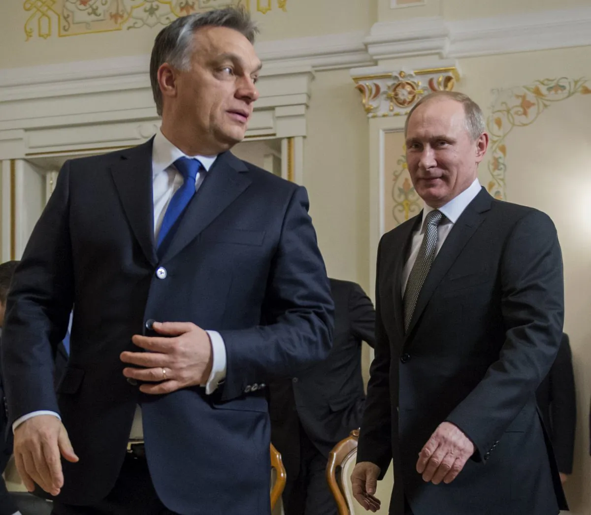 Russian President Vladimir Putin (R) and Hungarian Prime Minister Viktor Orban walk during their meeting in the Novo-Ogaryovo residence outside Moscow on Jan. 14, 2014. (AP Photo/RIA-Novosti, Sergei Guneyev, Presidential Press Service)