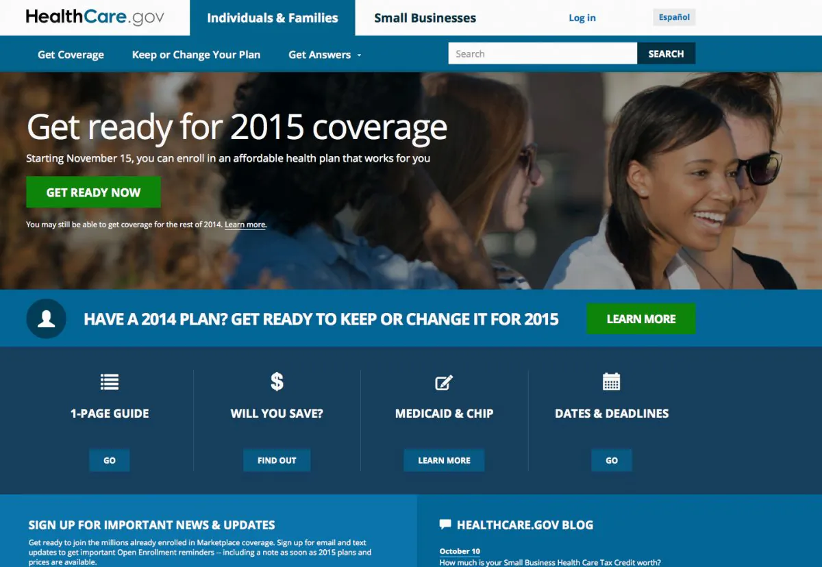A screen shot shows the home page of HealthCare,gov, a federal government website managed by the U.S. Centers for Medicare & Medicaid Service on Oct. 15, 2014. (AP Photo, File)