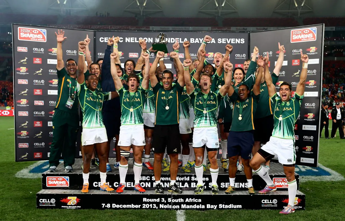 Cup winners South Africa after the Cup Final between South Africa and New Zealand during day 2 of the Cell C Nelson Mandela Bay Sevens at Nelson Mandela Bay Stadium on December 08, 2013 in Port Elizabeth, South Africa. (Richard Huggard/Gallo Images/Getty Images)