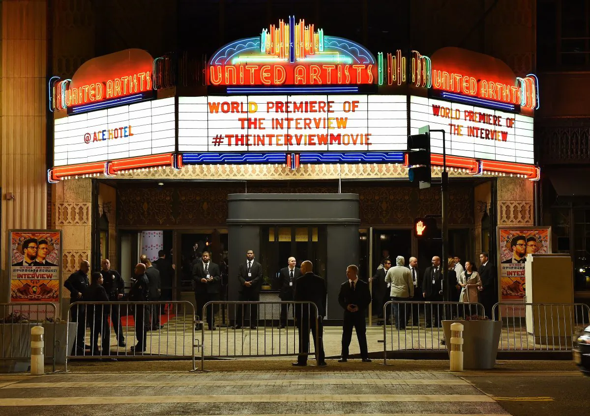 Security is seen outside The Theatre at Ace Hotel before the premiere of the film 'The Interview' in Los Angeles, California on December 11, 2014. Sony hackers have threatened the New York City premiere of the film with terrorism. (AFP/Getty Images)