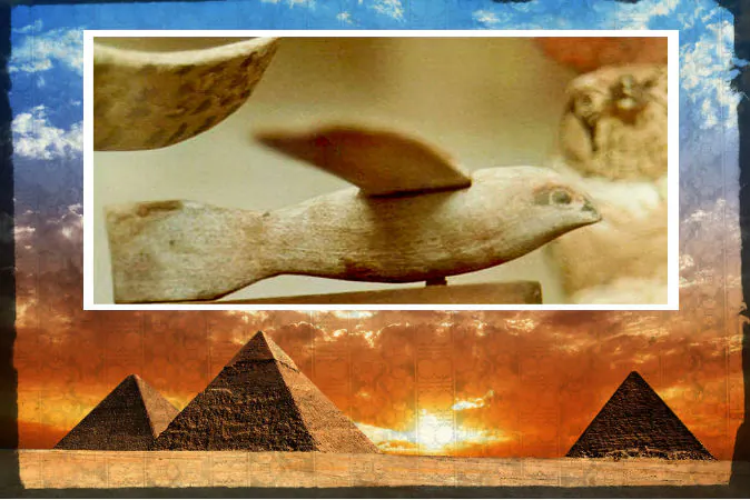 Top: A wooden figure thought by some to be a bird, by some to be a plane, dating from the 3rd century B.C., found in Sakkara (or Saqqara), Egypt. (Dawoud Khalil Messiha/Wikimedia Commons) Bottom: A file photo of pyramids in Egypt. (Shutterstock*; edited by Epoch Times)