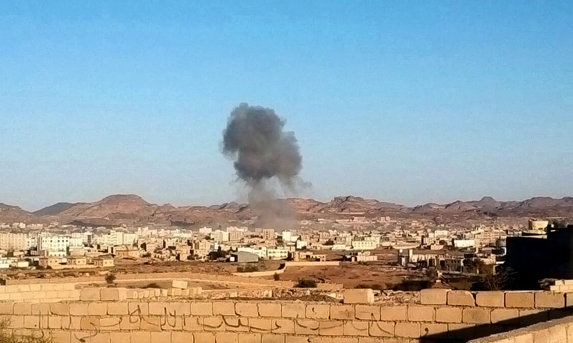 Smoke rises from the site of a car bomb explosion in Radda town, 100 miles (160 kilometers) south of the capital Sanaa, Yemen, Tuesday, Dec. 16, 2014. Two suicide car bombers rammed their vehicles into a Shiite rebels’ checkpoint and a house south of the Yemeni capital Tuesday, as a school bus traveling nearby killing at least 25 dead including at least 15 primary school students, Defense Ministry, rebels and witnesses. (AP Photo)