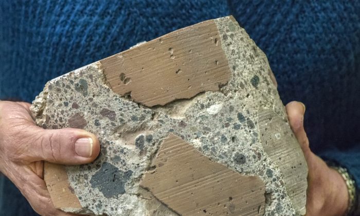 Ancient Roman concrete consists of coarse chunks of volcanic tuff and brick bound together by a volcanic ash-lime mortar that resists microcracking, a key to its longevity and endurance. (Roy Kaltschmidt, Berkeley Lab)