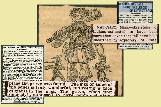 Newspaper clippings describe findings of alleged giant bones. Background: Title page of "Jack the Giant Killer." (Wikimedia Commons)