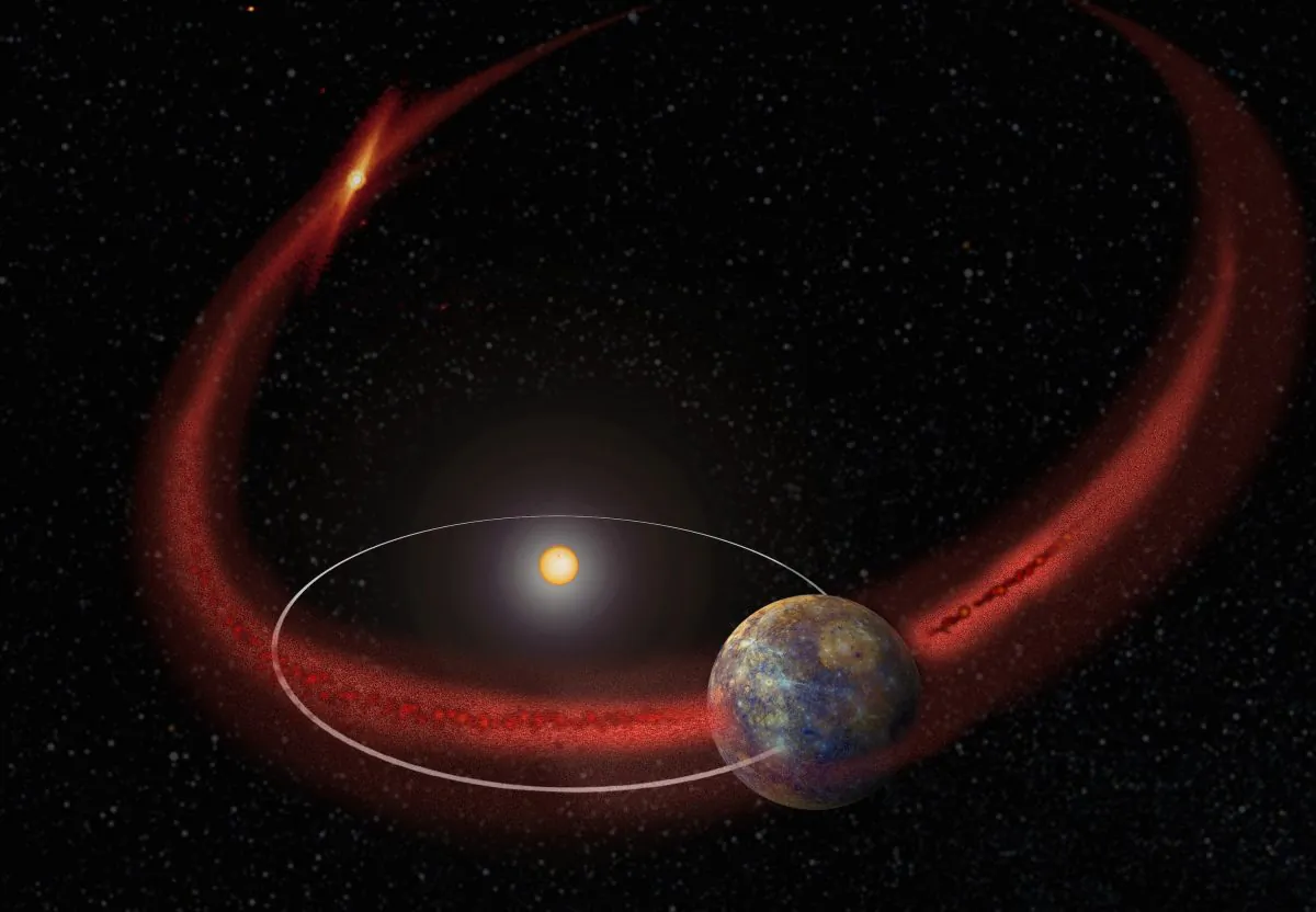 An Artist's concept of Mercury appearing to undergo a recurring meteor shower, perhaps when its orbit crosses the debris trail left by comet Encke. 
(NASA's Goddard Space Flight Center)