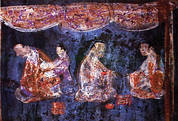 Detail of a mural from an Eastern Han tomb (25–220 A.D.) at Zhucun, Luoyang, Henan Province, China. The painting utilizes Han purple and Han blue pigments. (Wikimedia Commons)