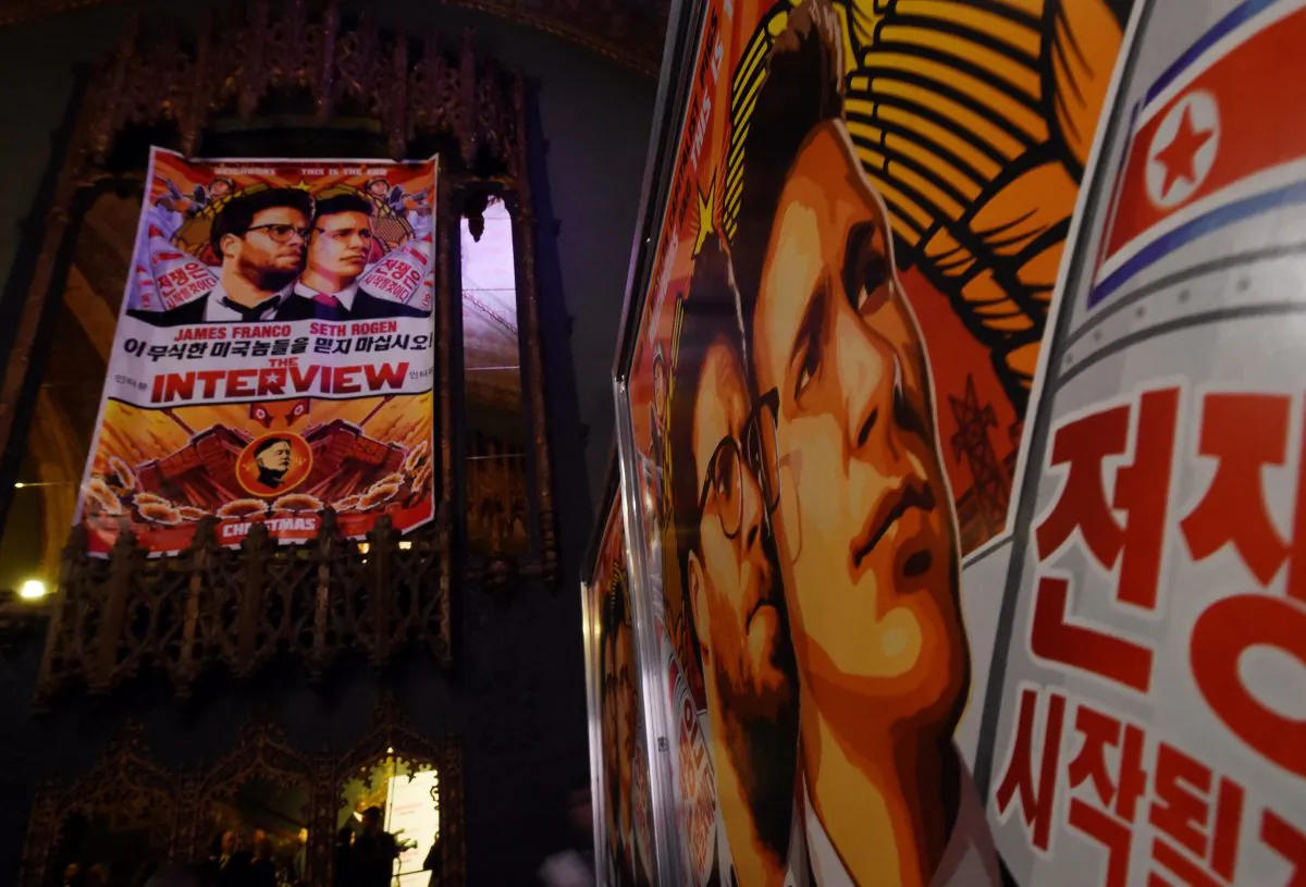 Movie posters for the premiere of the film “The Interview” at The Theatre at Ace Hotel in Los Angeles, Calif., on Dec. 11, 2014. (AFP/Getty Images)