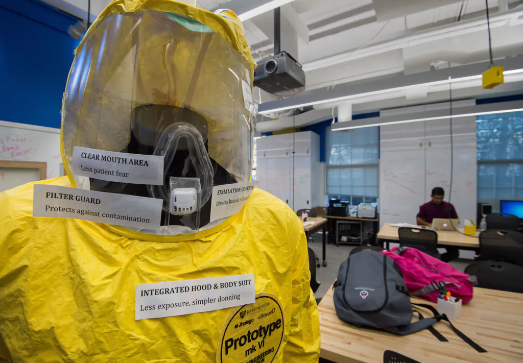 A new and improved prototype bio-hazard suit specifically targeted for viral outbreaks such as Ebola is seen at the Johns Hopkins Biomedical Engineering Laboratory for Innovation and Design on Dec. 18, 2014. (Paul J. Richards/AFP/Getty Images)