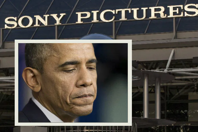 Left: President Barack Obama pauses during a news conference in Washington, Dec. 19, 2014. (AP Photo/Pablo Martinez Monsivais) Background: An exterior view of the Sony Pictures Plaza building is seen in Culver City, Calif., Friday, Dec. 19, 2014. (AP Photo/Damian Dovarganes)