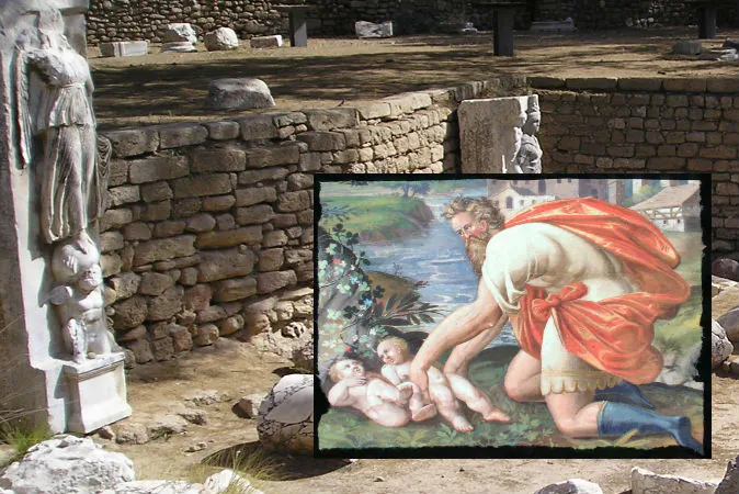 Ancient ruins in Ashkelon National Park, Israel, and a painting depicting the babies of Roman legend, Romulus and Remus. (Wikimedia Commons) 