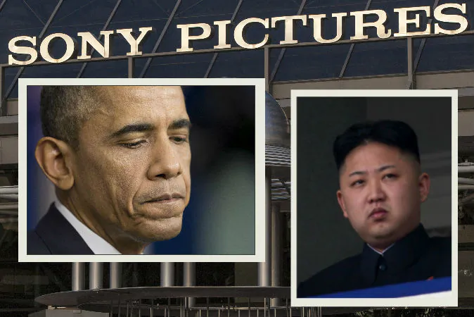 Left: President Barack Obama pauses during a news conference in Washington, Dec. 19, 2014. (AP Photo/Pablo Martinez Monsivais) Right: North Korean leader Kim Jong-Un (R) attending a military parade in Pyongyang on April 15, 2012. (AFP/Getty Images) Background: An exterior view of the Sony Pictures Plaza building is seen in Culver City, Calif., Friday, Dec. 19, 2014. (AP Photo/Damian Dovarganes)