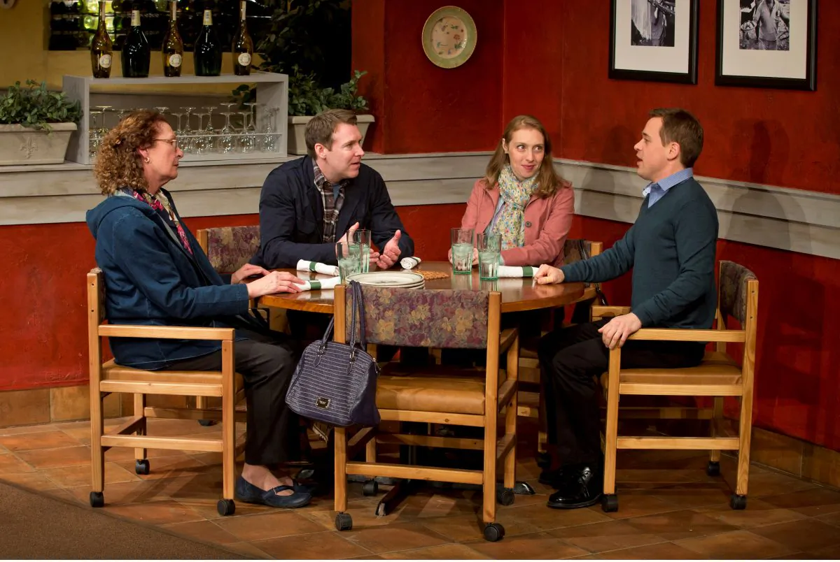 (L–R) Eddie’s mother, Doris (Brenda Wehle), and his older brother, Nick (Brian Hutchison), and Nick’s wife, Kelly (Crystal Finn), add to Eddie’s troubles as they arrive for a small family reunion. (Jeremy Daniel)