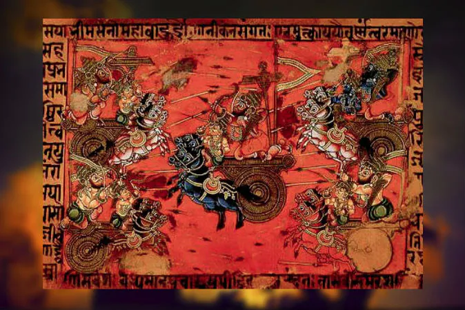 Manuscript illustration of the Battle of Kurukshetra from the Mahabharata. (Wikimedia Commons) Background: (PinkBadger/iStock/Thinkstock)
