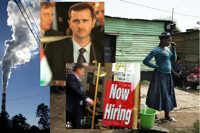 Left: A plume of exhaust extends from a Pennsylvania coal-fired power plant. (Jeff Swensen/Getty Images) Top center: Syrian President Bashar al-Assad. (Courtney Kealy/Getty Images) Bottom center: A “now hiring” sign in New York City. (Spencer Platt/Getty Images) Right: People idle in an impoverished informal camp in South Africa. (Marco Longari/AFP/Getty Images)