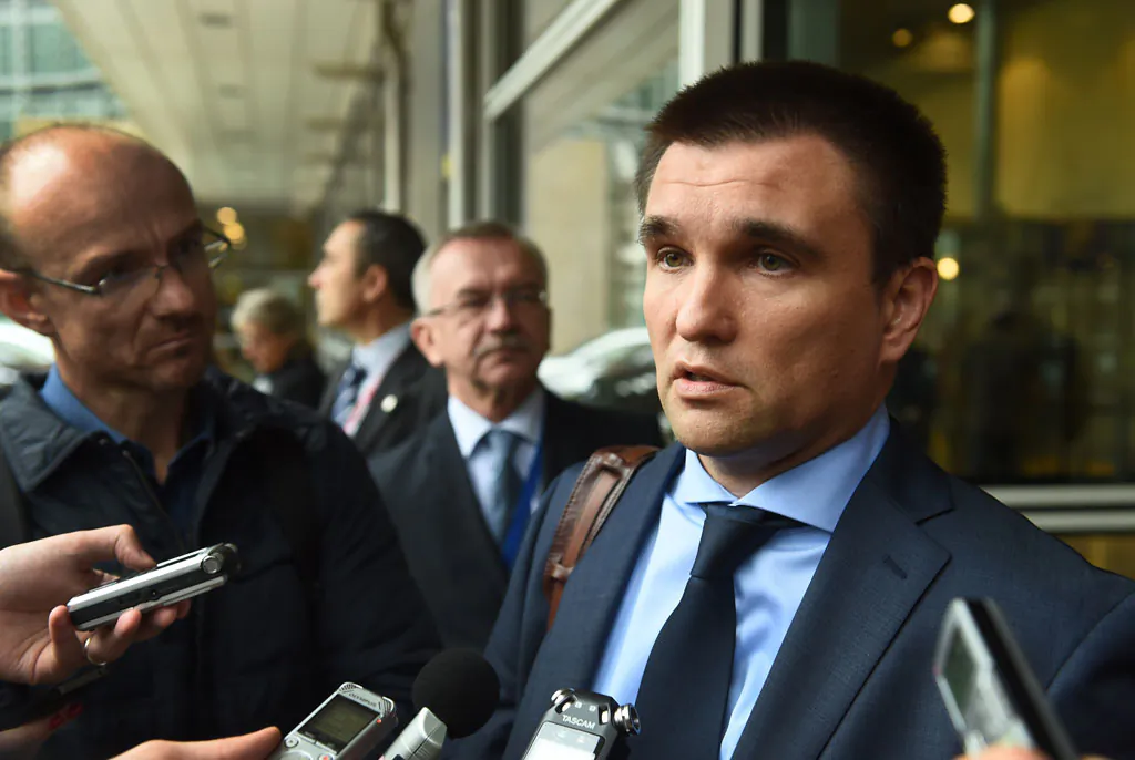 Ukraine's Foreign Minister Pavlo Klimkin makes a statement to the press outside the European Council after an informal meeting with EU and NATO officials in Brussels, on Oct. 9, 2014. (Emmanuel Dunand/AFP/Getty Images)
