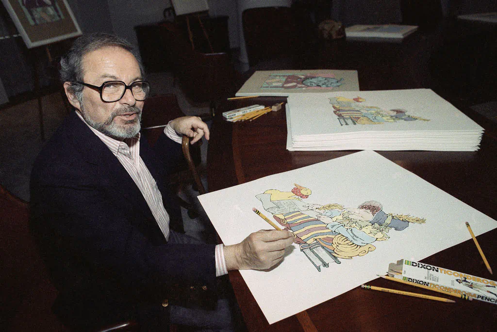 Artist Maurice Sendak signs his individual prints from the “The Mother Goose Collection,” July 26, 1990, in New York. Sendak’s death in 2012 sparked debate in the industry over the monetary value of children’s literature. (AP Photo/Susan Ragan)