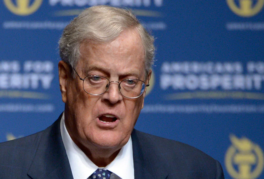 Americans for Prosperity Foundation Chairman David Koch speaks in Orlando, Fla., on Aug. 30, 2013. For as often as Democrats attack the conservative billionaires Charles and David Koch for their heavy spending on politics, it's actually the liberal-minded who shelled out the most cash on the just completed midterm elections. (AP Photo/Phelan M. Ebenhack)