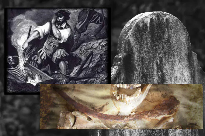 Left: “The Vampire”, lithograph by R. de Moraine, 1864. (Wikimedia Commons) Right: A 30-39-year-old female’s remains with an iron sickle placed across the neck. (Lesley A. Gregoricka et al., CC; edited by Epoch Times) Background: A file photo of a headstone. (La Corivo/iStock/Thinkstock)