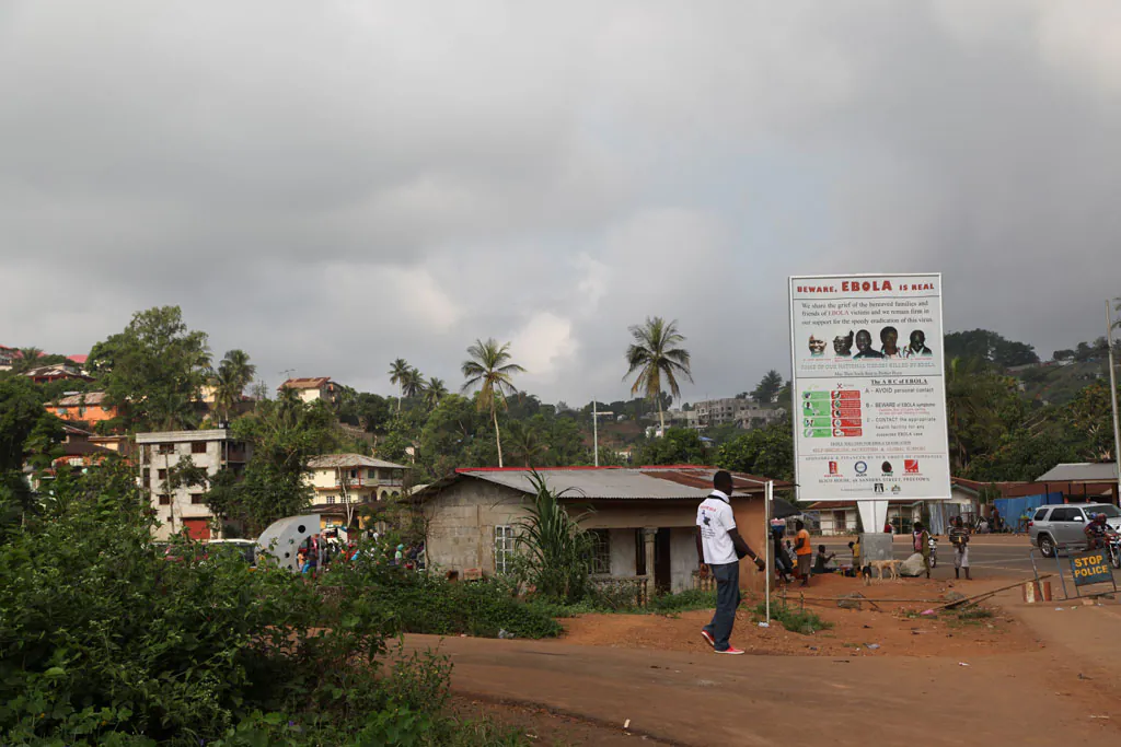 Sign outside Freetown, capital of Sierra Leone: 'Beware Ebola is Real".