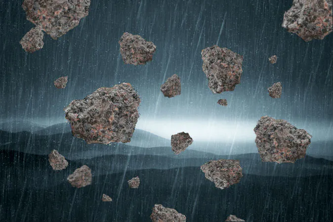 While high winds or tornadoes may explain how some objects (such as fish or frogs) have been swept up and rained down on the Earth, it seems unlikely that days-long rains of large stones can be explained this way. (Background via Shutterstock*)