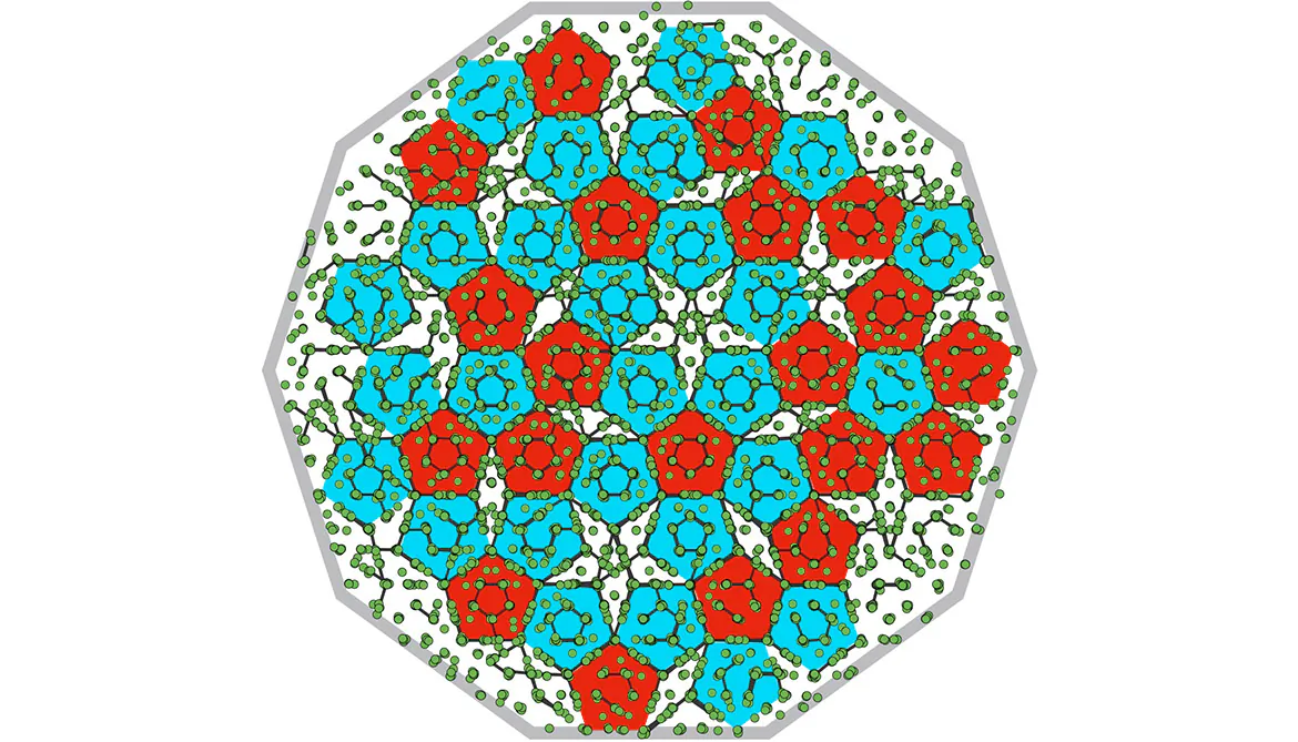 A cross-section of the icosahedral quasicrystal simulated by University of MIchigan researchers. While the exotic solid has order and rotational symmetry, it does not have a repeating pattern. View an interactive model of the crystal. (Michael Engel/University of Michigan)