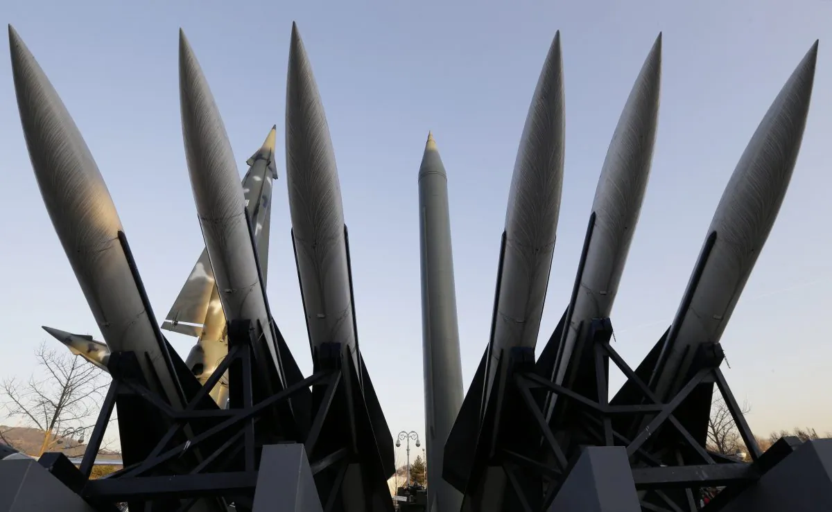 A North Korea's mock Scud-B missile (C) and other South Korean missiles are display at Korea War Memorial Museum in Seoul, South Korea, on Dec. 26, 2014. (Ahn Young-joon/AP)