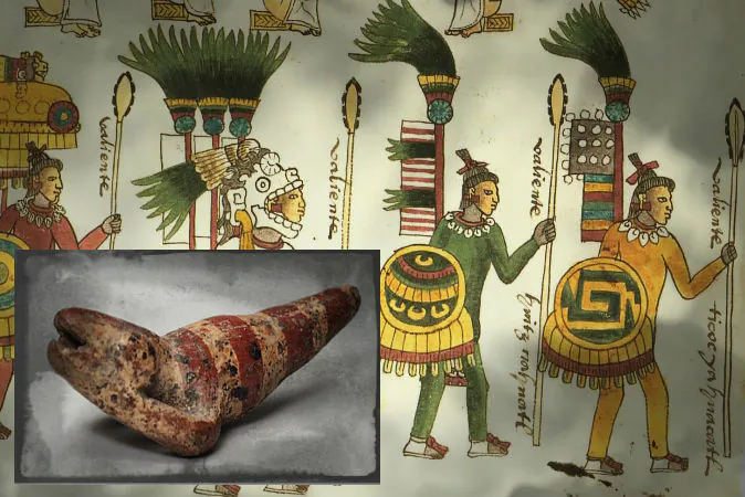 A zoomorphic whistle from Mexico, ca. 200 B.C.–A.D. 500. An illustration of Aztec warriors as found in the Codex Mendoza. (Wikimedia Commons)