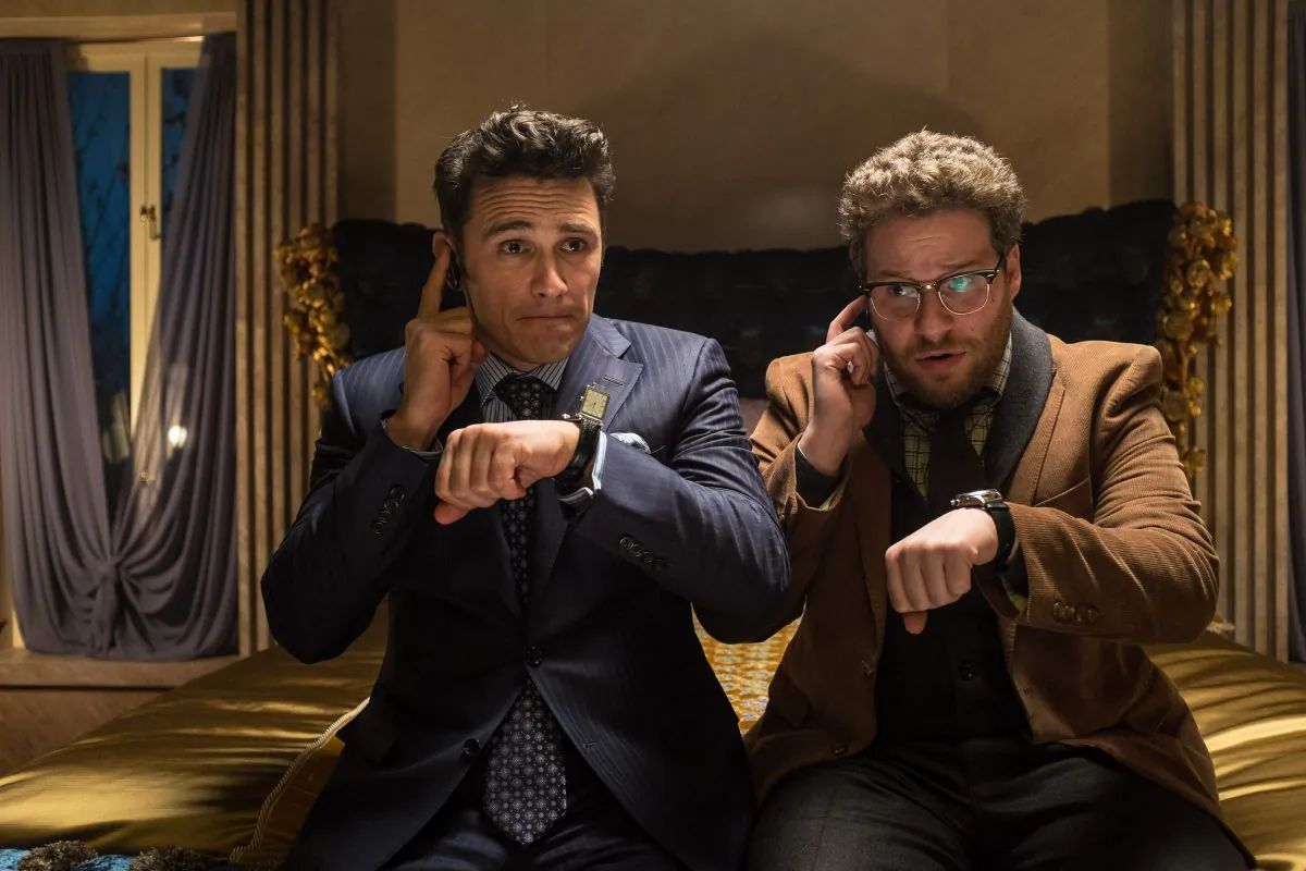 This photo released by Sony-Columbia Pictures shows James Franco, left, as Dave and Seth Rogen as Aaron in a scene from Columbia Pictures' "The Interview." (AP Photo/Sony - Columbia Pictures, Ed Araquel)