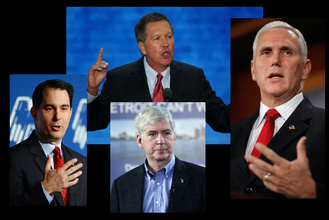 Left: Wisconsin Gov. Scott Walker (Ethan Miller/Getty Images) Top center: Ohio Gov. John Kasich (Mark Wilson/Getty Images) Bottom center: Michigan Gov. Rick Snyder (Bill Pugliano/Getty Images) Right: Indiana Gov. Mike Pence (Chip Somodevilla/Getty Images)