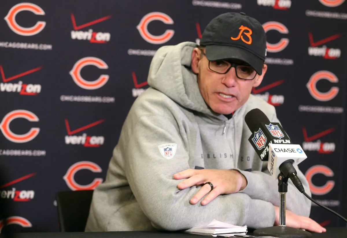 Chicago Bears head coach Marc Trestman speaks during a news conference after an NFL football game against the Minnesota Vikings, Sunday, Dec. 28, 2014, in Minneapolis. The Vikings won 13-9. (AP Photo/Jim Mone)