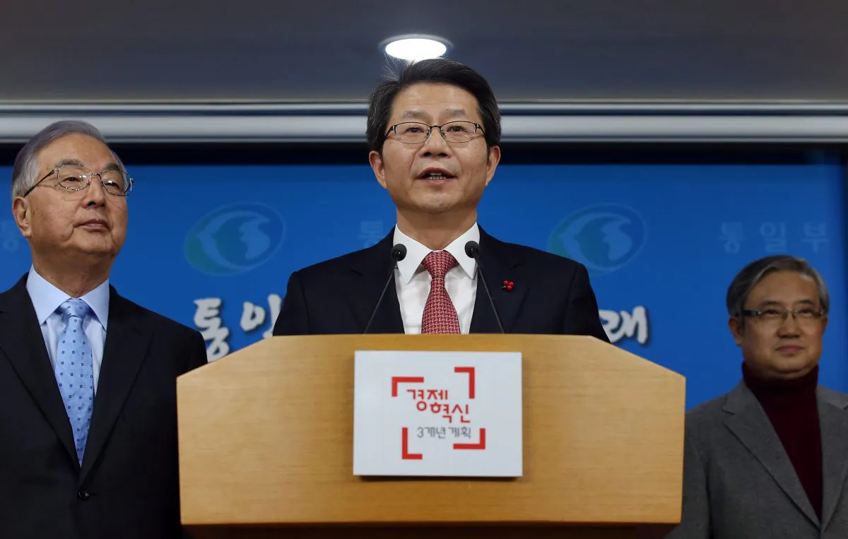 South Korean Unification Minister Ryoo Kihl-jae speaks during a press conference at the government complex in Seoul, South Korea, Monday, Dec. 29, 2014. South Korea on Monday proposed talks with North Korea to discuss what it calls a range of issues needed to prepare for the unification of the divided countries. (AP Photo/Yonhap, Chun Soo-young)