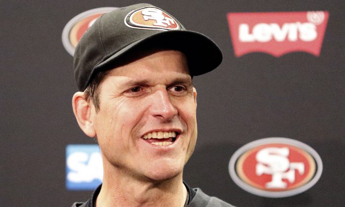 Jim Harbaugh, the former coach of the San Francisco 49ers, has signed a contract with the Michigan Wolverines, according to reports on Monday evening. San Francisco 49ers head coach Jim Harbaugh speaks at a news conference after the 49ers defeated the Arizona Cardinals 20-17 in an NFL football game in Santa Clara, Calif., Sunday, Dec. 28, 2014. (AP Photo/Tony Avelar)