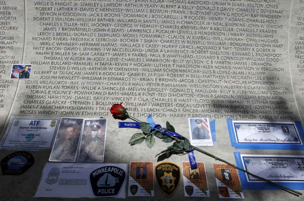 A rose is placed at the wall with the names of fallen police officers at the National Law Enforcement Officers Memorial in Washington during the National Police Week on May 13, 2013. (Jose Luis Magana/AP Photo)