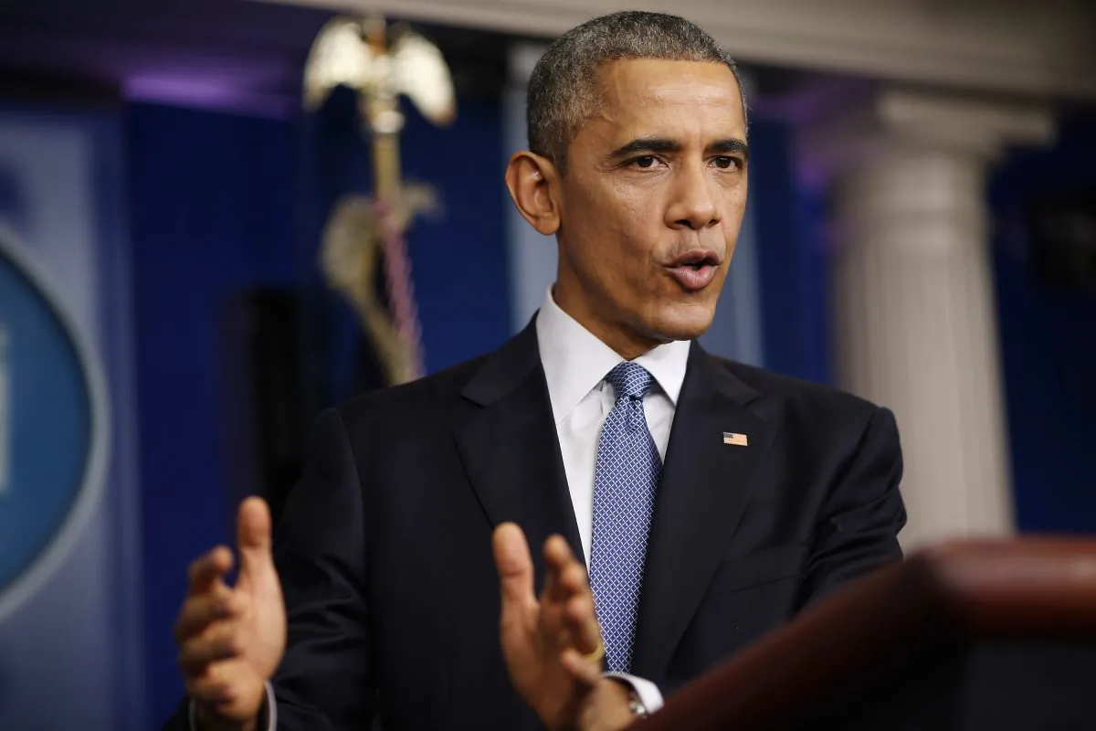 President Barack Obama speaks to members of the media during his last news conference of the year at the White House on Dec. 19, 2014. He faced questions on various topics including the changing of Cuba policy and the computer hack of Sony related to North Korea. (Chip Somodevilla/Getty Images)