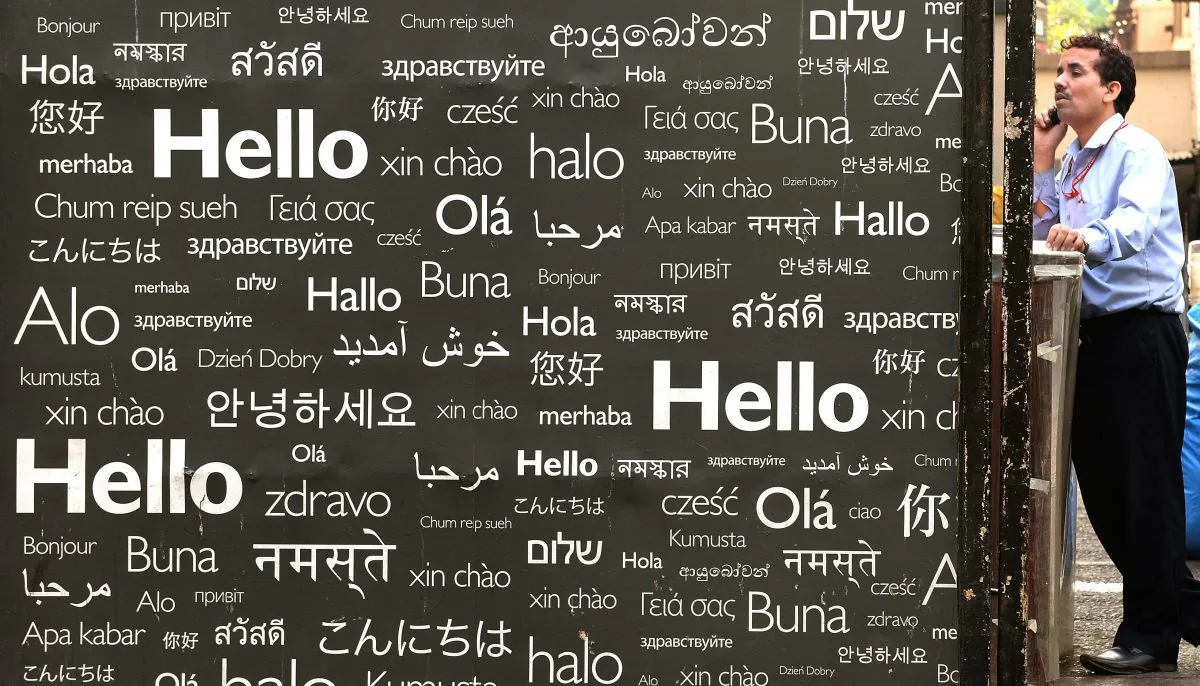 A side entrance of a hotel decorated with the greeting "Hello" in various languages in Mumbai on Jan. 3, 2014. (Indranil Mukherjee/AFP/Getty Images)