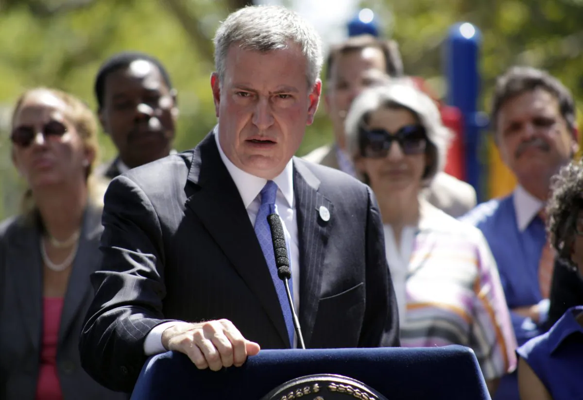 NYC Mayor Bill de Blasio speaks during a press conference in the Brooklyn borough of NYC, on Aug. 28, 2014. (AP Photo/Vanessa A. Alvarez)