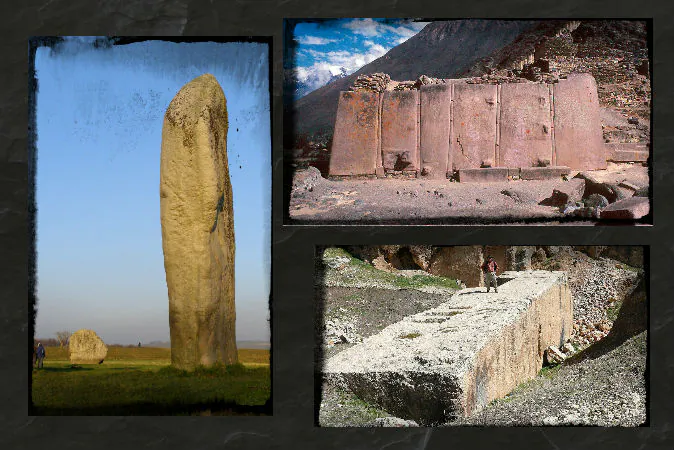 Left: A megalithic stone at Avebury Cove. (Jim Champion/Wikimedia Commons) Top right: Megaliths at Ollantaytambo in Peru. (Wolfgang Beyer/Wikimedia Commons) Bottom right:  A megalith at Baalbek in Lebanon. (Wikimedia Commons) Background: (Bikerboy82/iStock/Thinkstock)