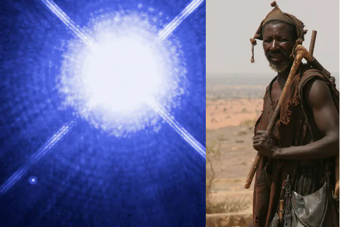 Left: Sirius A and Sirius B, shown in an image taken by the Hubble Space Telescope. The white dwarf can be seen to the lower left. (NASA, ESA, H. Bond/STScI, M. Barstow/University of Leicester) Right: A man of Mali's Dogon tribe. (Ferdinand Reus/Wikimedia Commons)